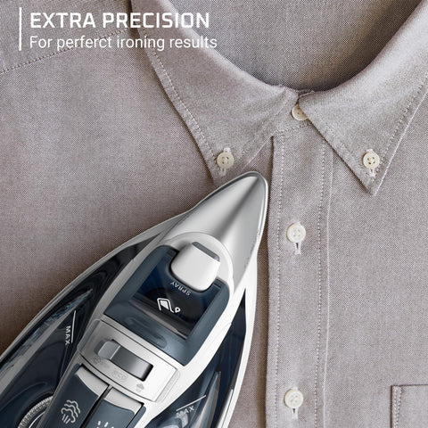 Rowenta Focus Excel precision tip highlights accurate ironing along seams and buttons.