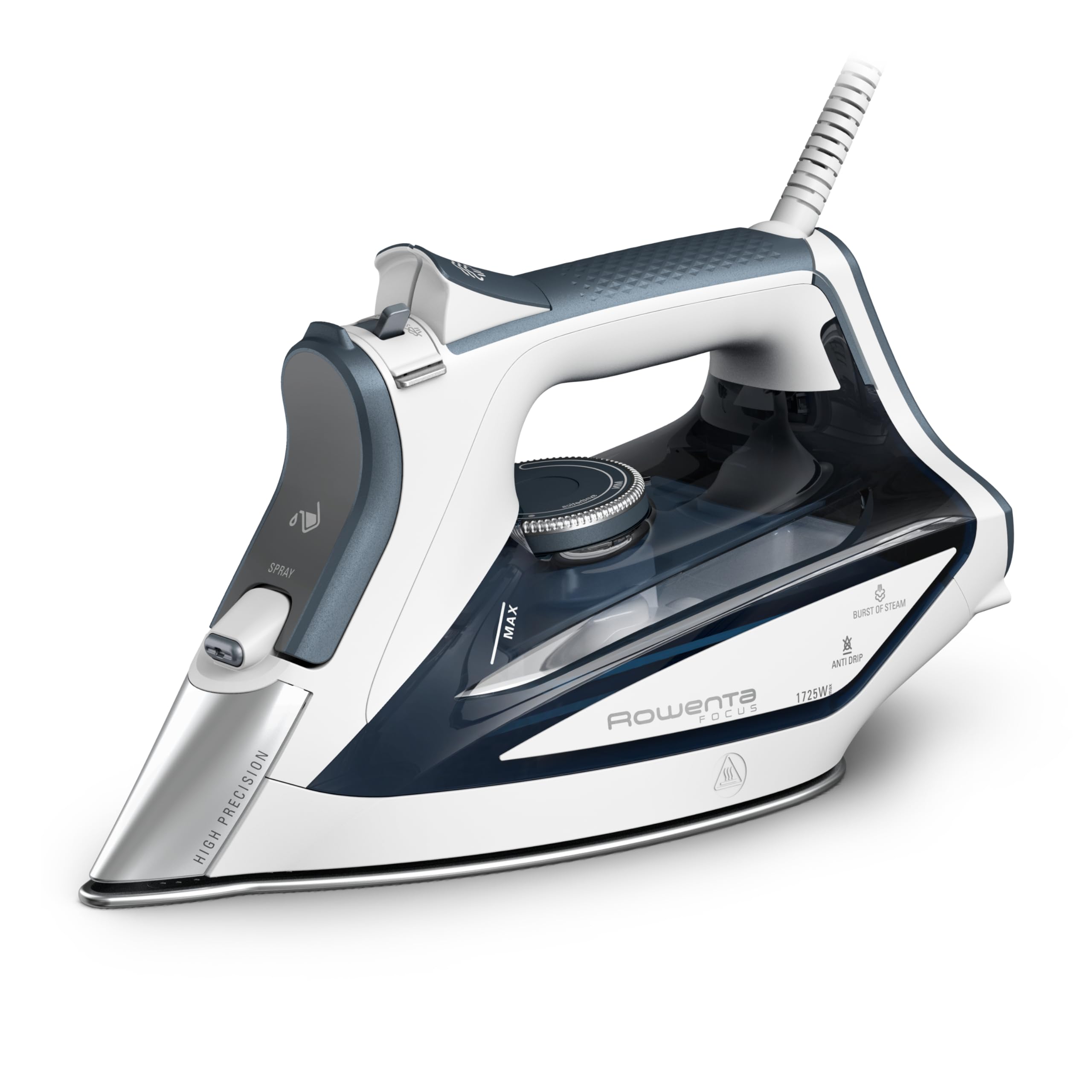 Rowenta Focus Excel soleplate closeup showing even heat distribution for smooth ironing.