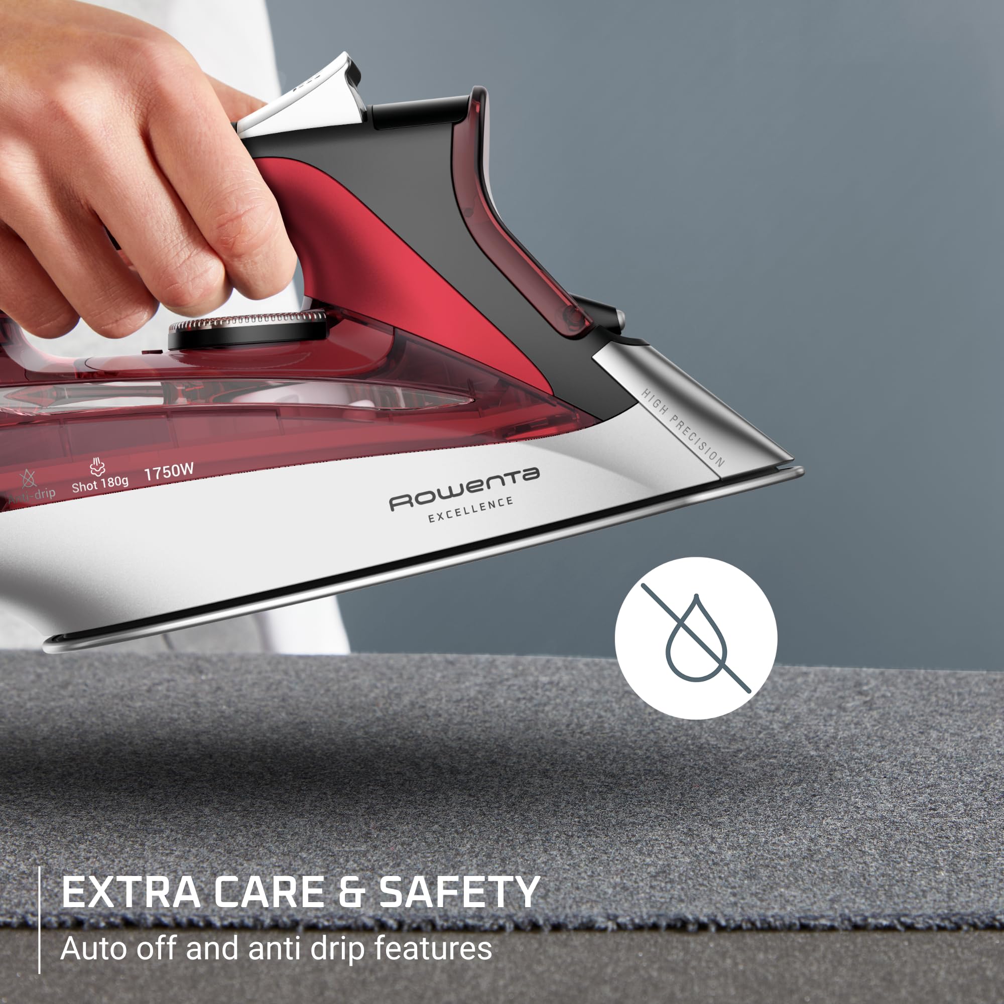 Rowenta Focus Excellence anti-drip system helps prevent water stains.
