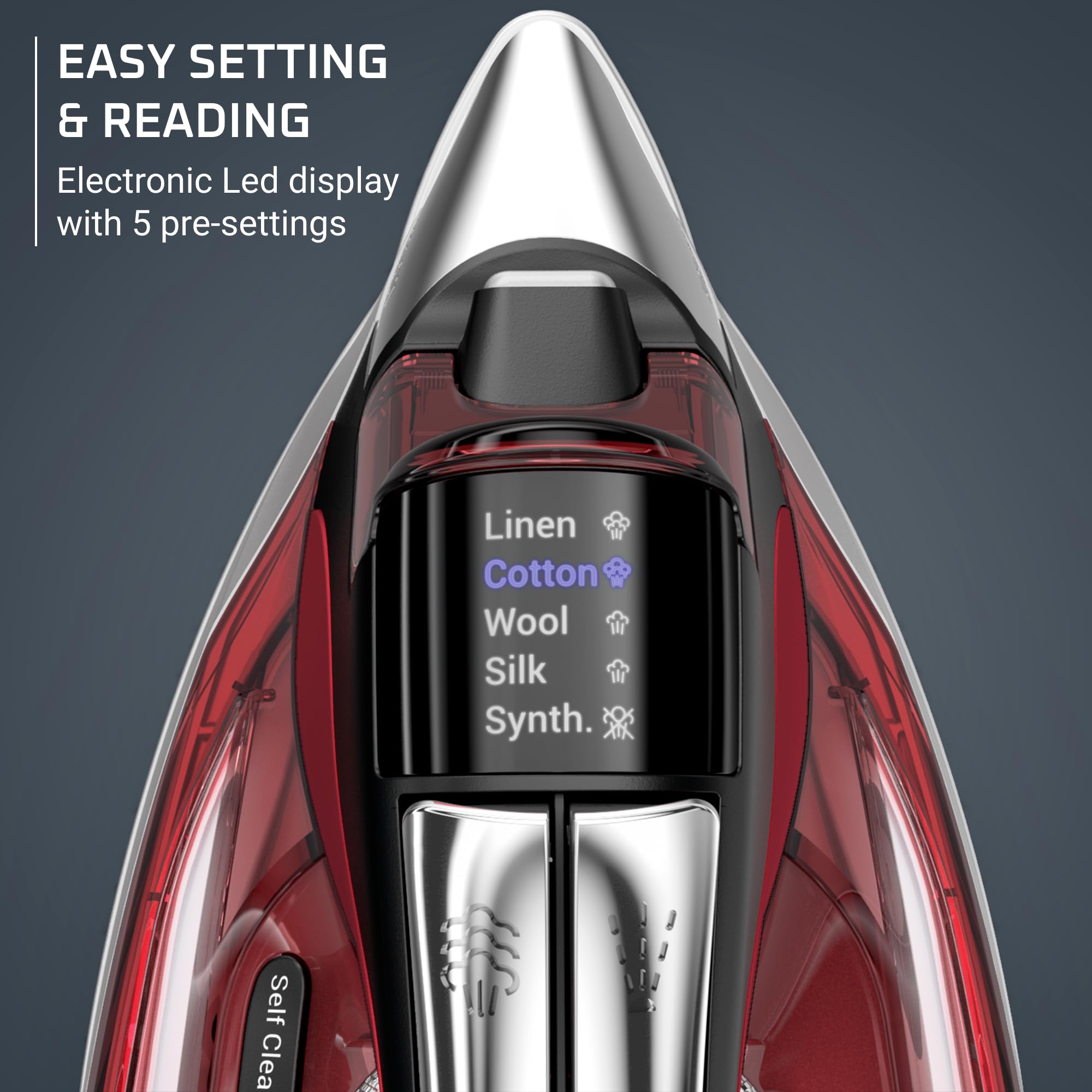 Rowenta Focus Excellence LED display provides precise heat control for fabrics.