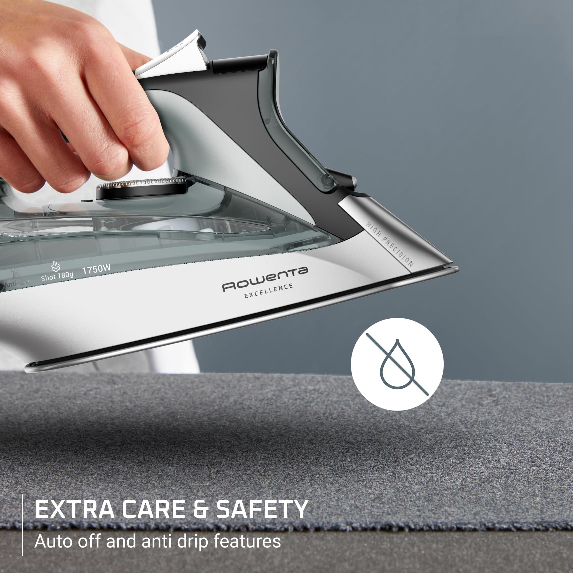 Rowenta Focus Excellence 180 g/min steam boosts wrinkle removal on heavy fabrics