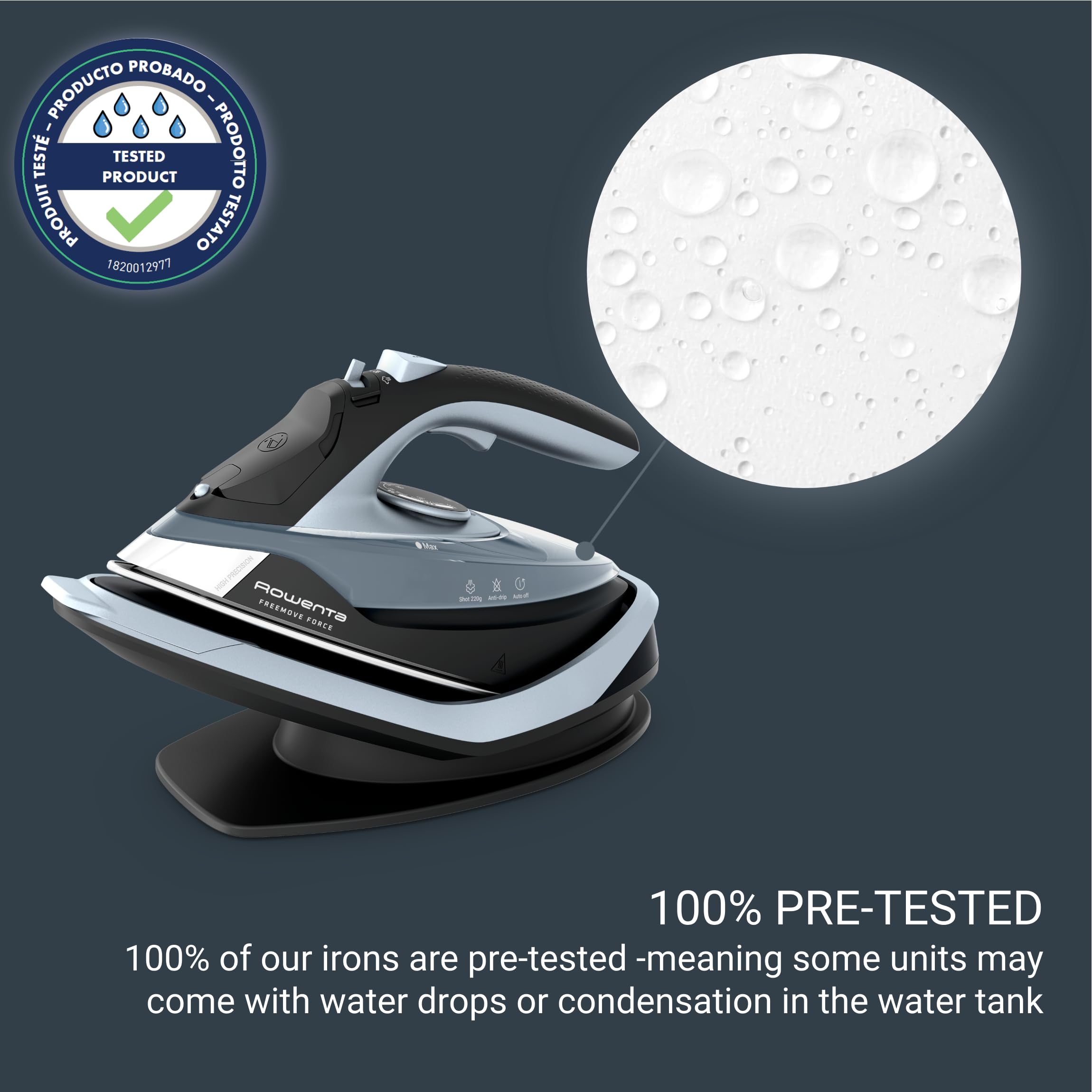 Rowenta Freemove precision soleplate delivers a smooth glide on fabrics.