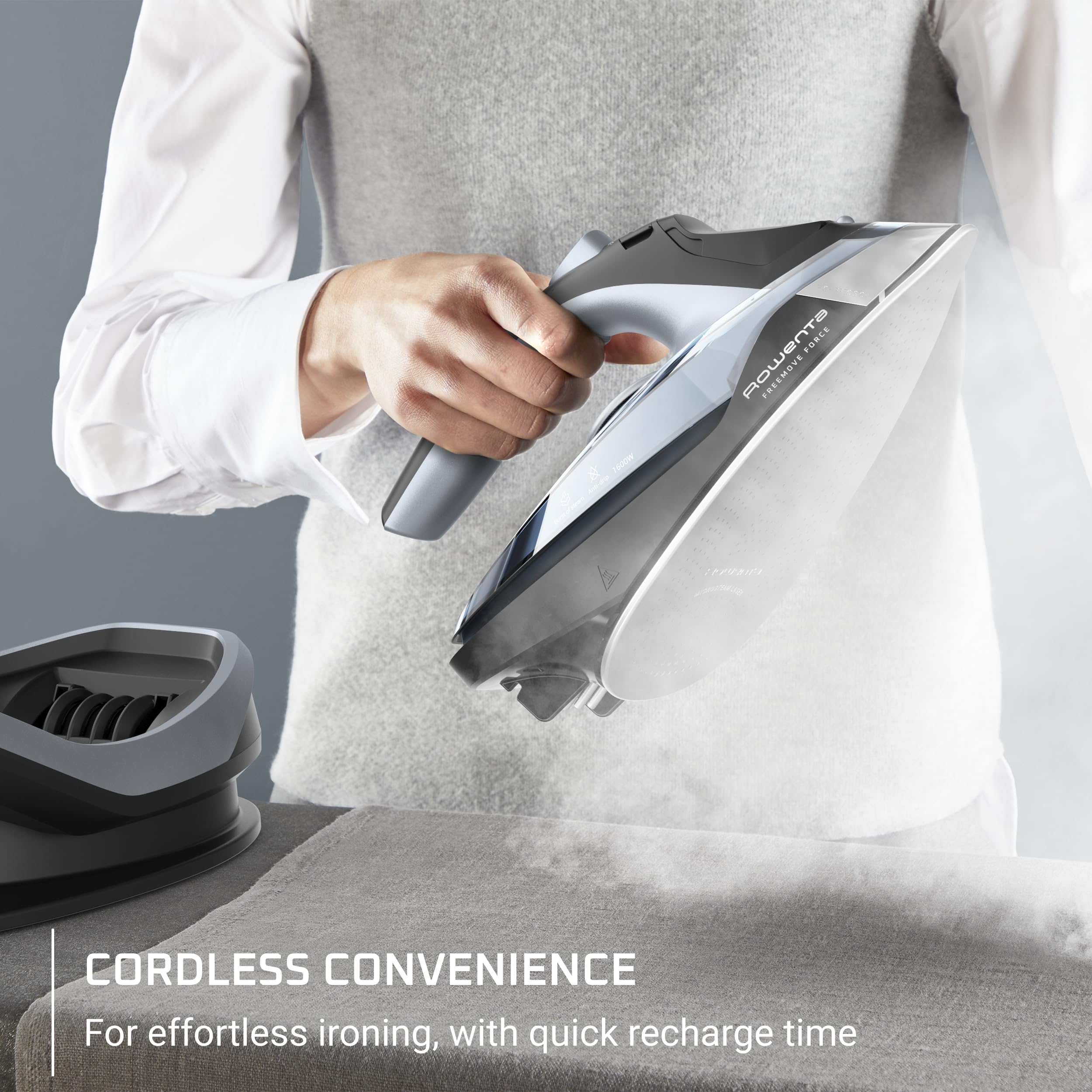 Rowenta Freemove fast reheat in about 10 seconds maintains ironing momentum.
