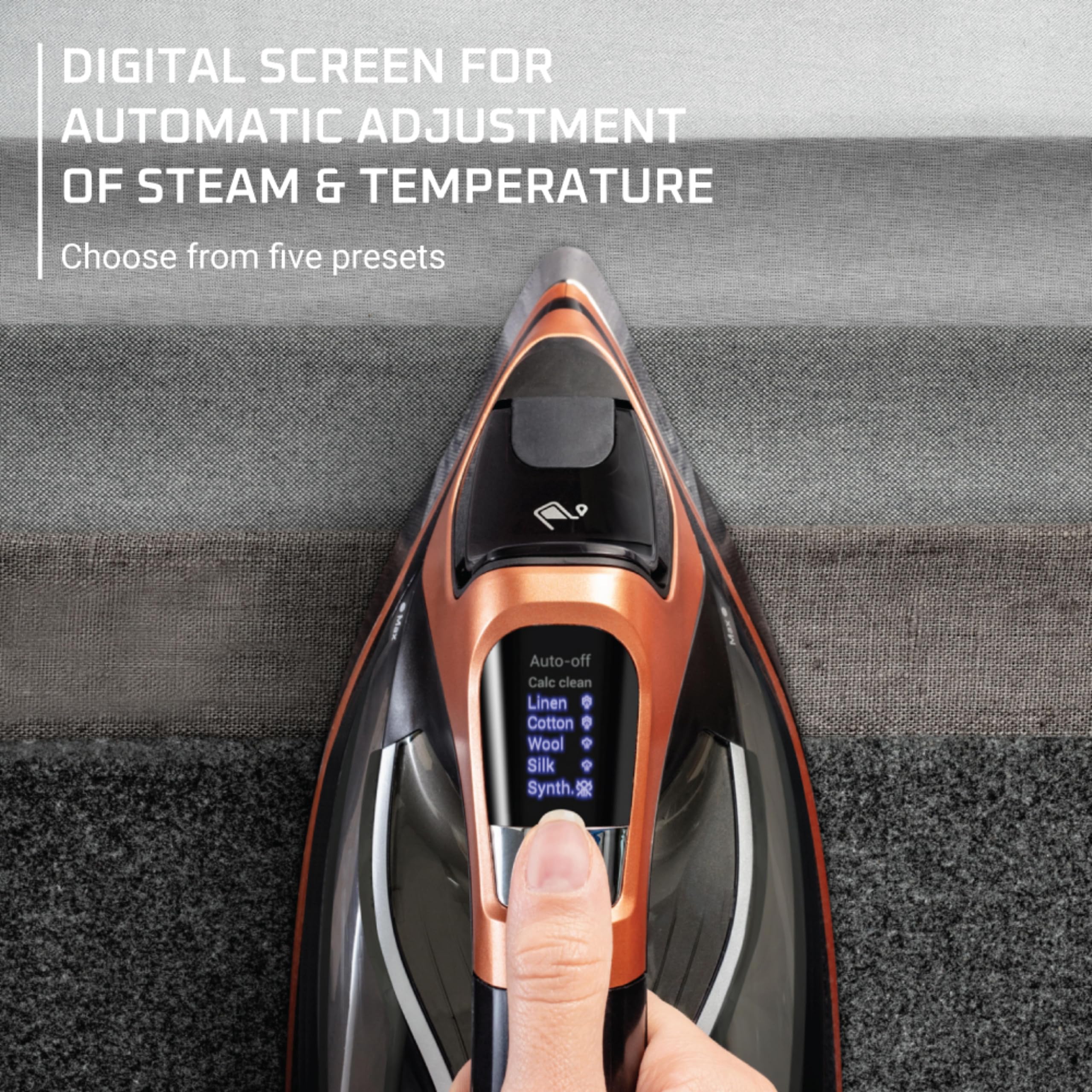 Rowenta high-efficiency handheld steamer enables quick touch-ups between washes.