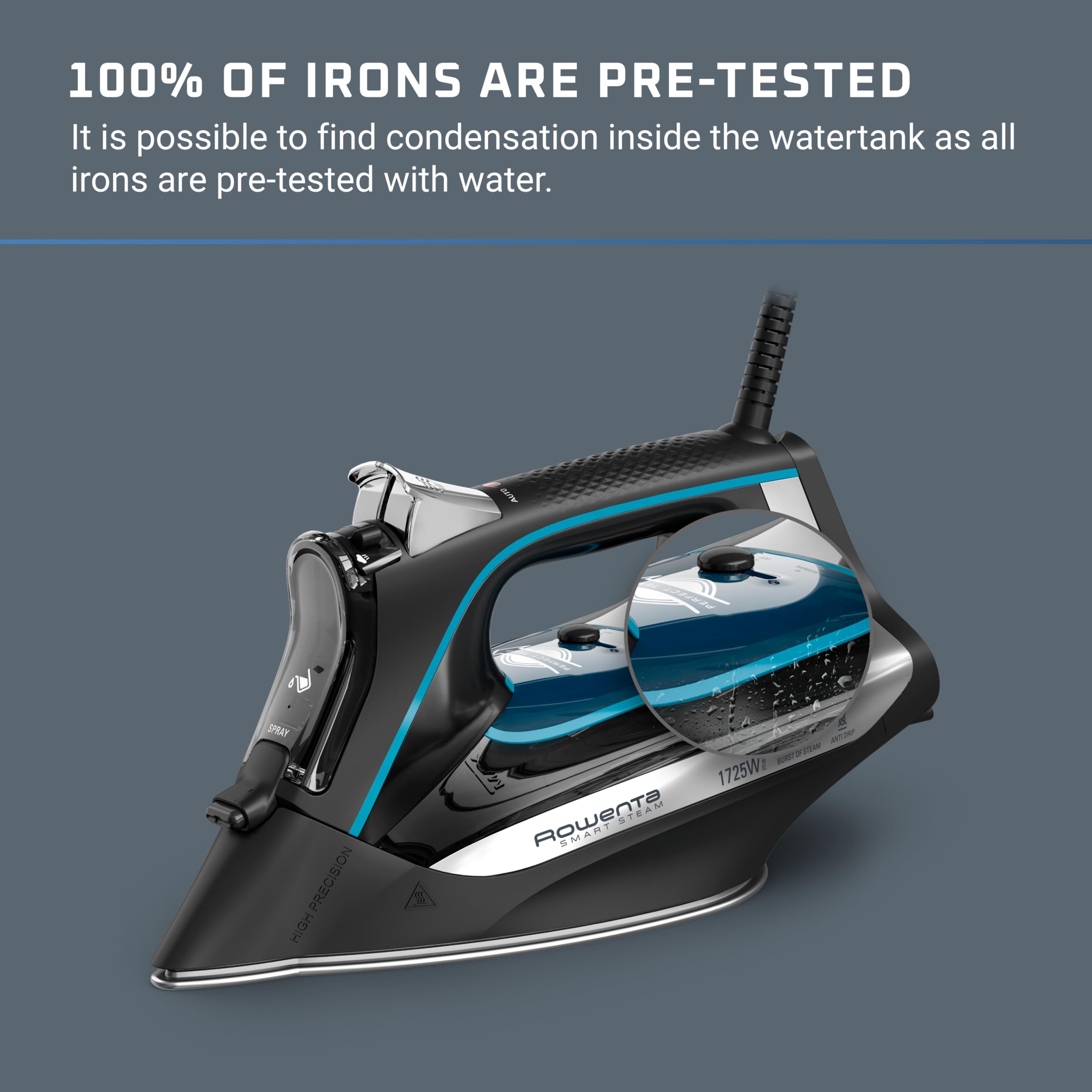 Rowenta iron features multi-layer construction for consistent heat.