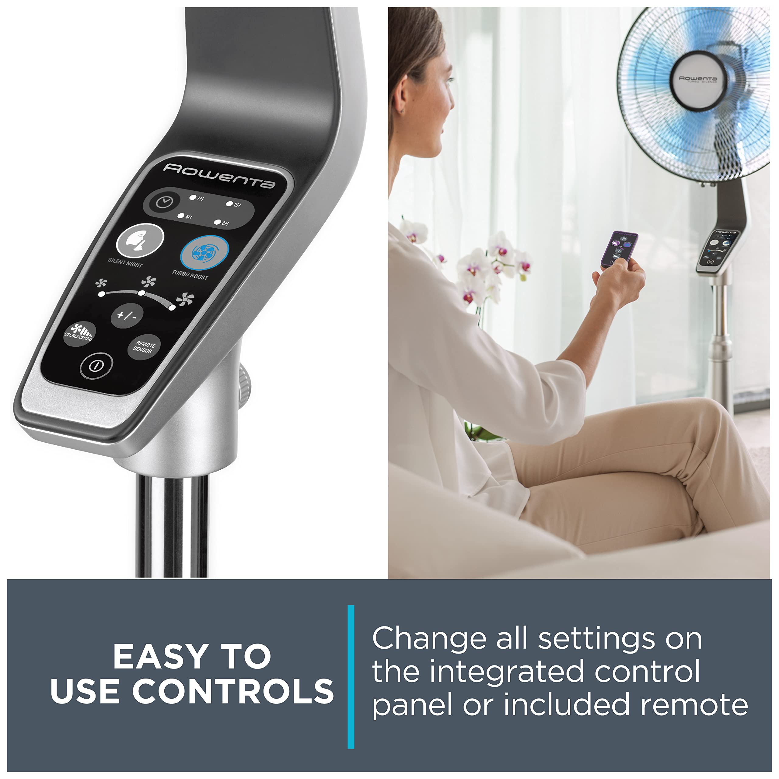 Rowenta five-speed settings displayed for flexible comfort from Turbo Boost to Silent Night.
