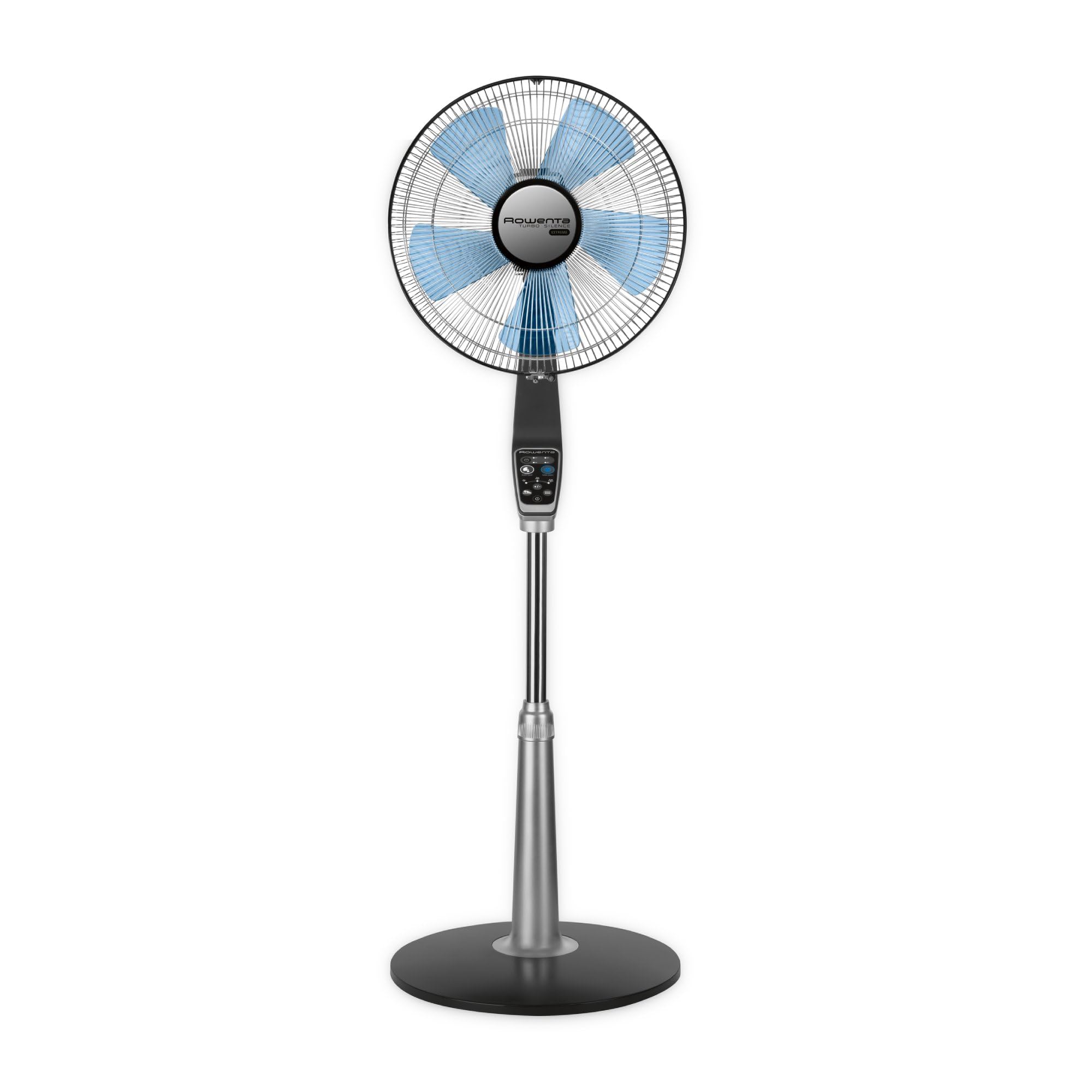 Rowenta pedestal fan 53-inch front view showing slim silhouette and quiet operation for the bedroom.