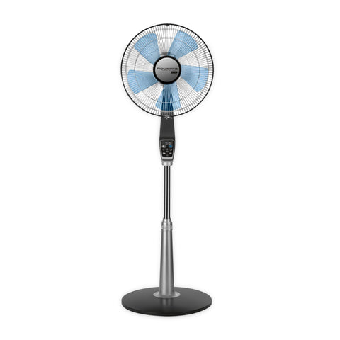 Rowenta pedestal fan 53-inch front view showing slim silhouette and quiet operation for the bedroom.