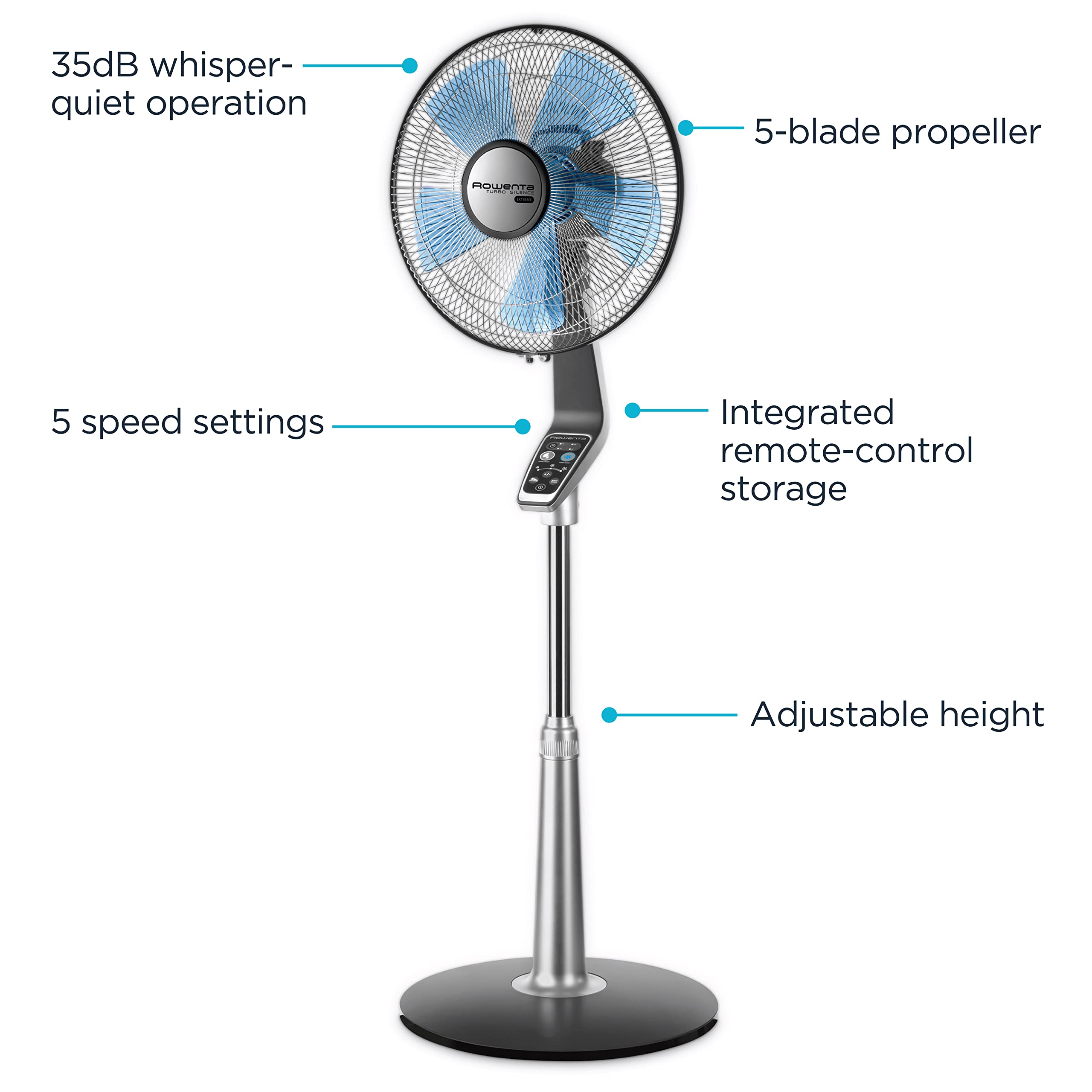 Rowenta pedestal fan 53-inch side panel highlighting broad airflow reach across a living space.