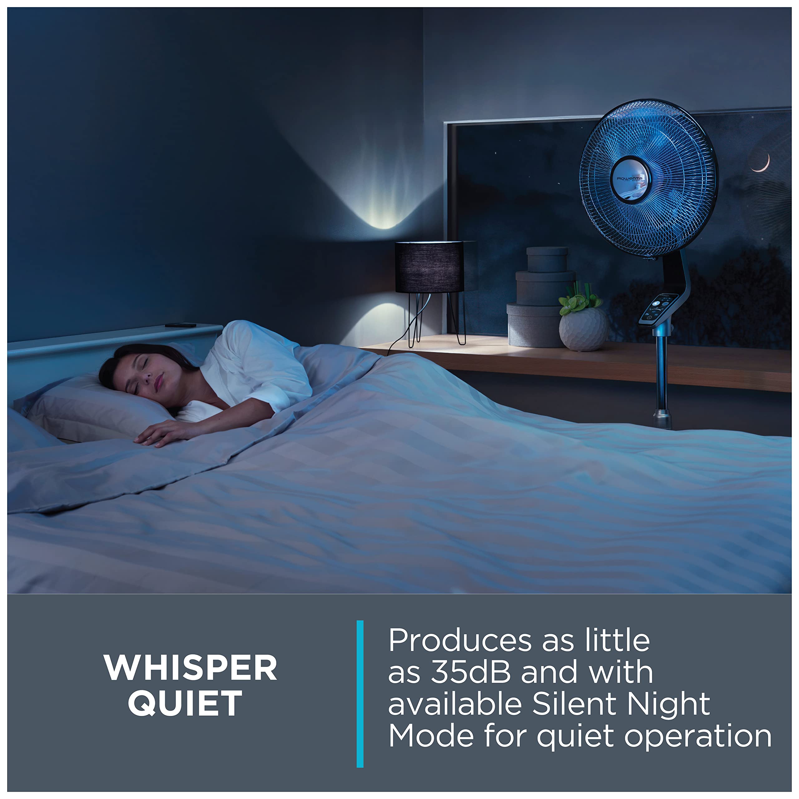 Rowenta 8-hour timer feature enabling scheduled cooling around the day’s rhythm.