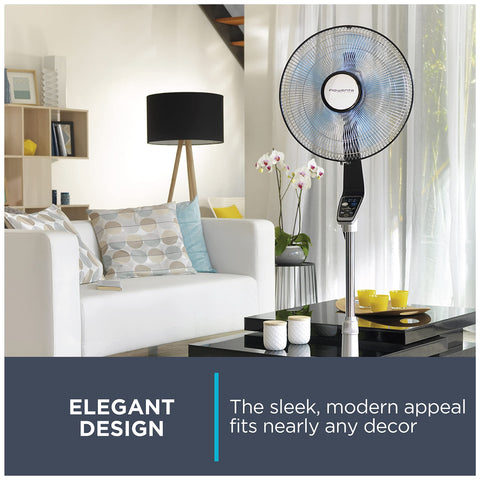 Rowenta remote control storage on the pedestal fan for easy room-wide adjustments.