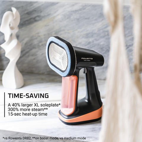 Rowenta Pure Force continuous steaming mode provides steady wrinkle removal for fabrics.
