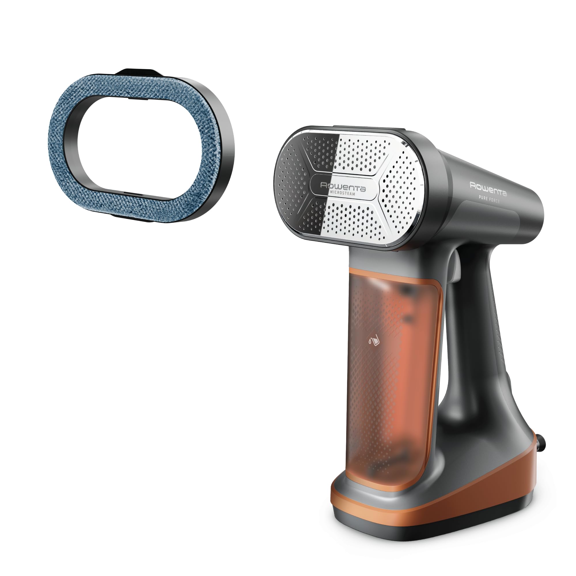 Rowenta Pure Force steamer with reversible pad system for lint removal and fabric care.