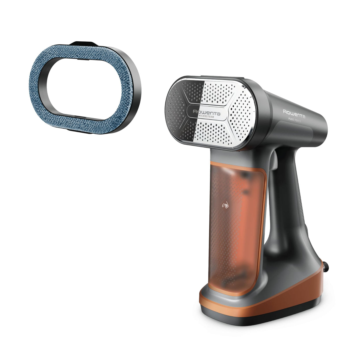 Rowenta Pure Force steamer with reversible pad system for lint removal and fabric care.