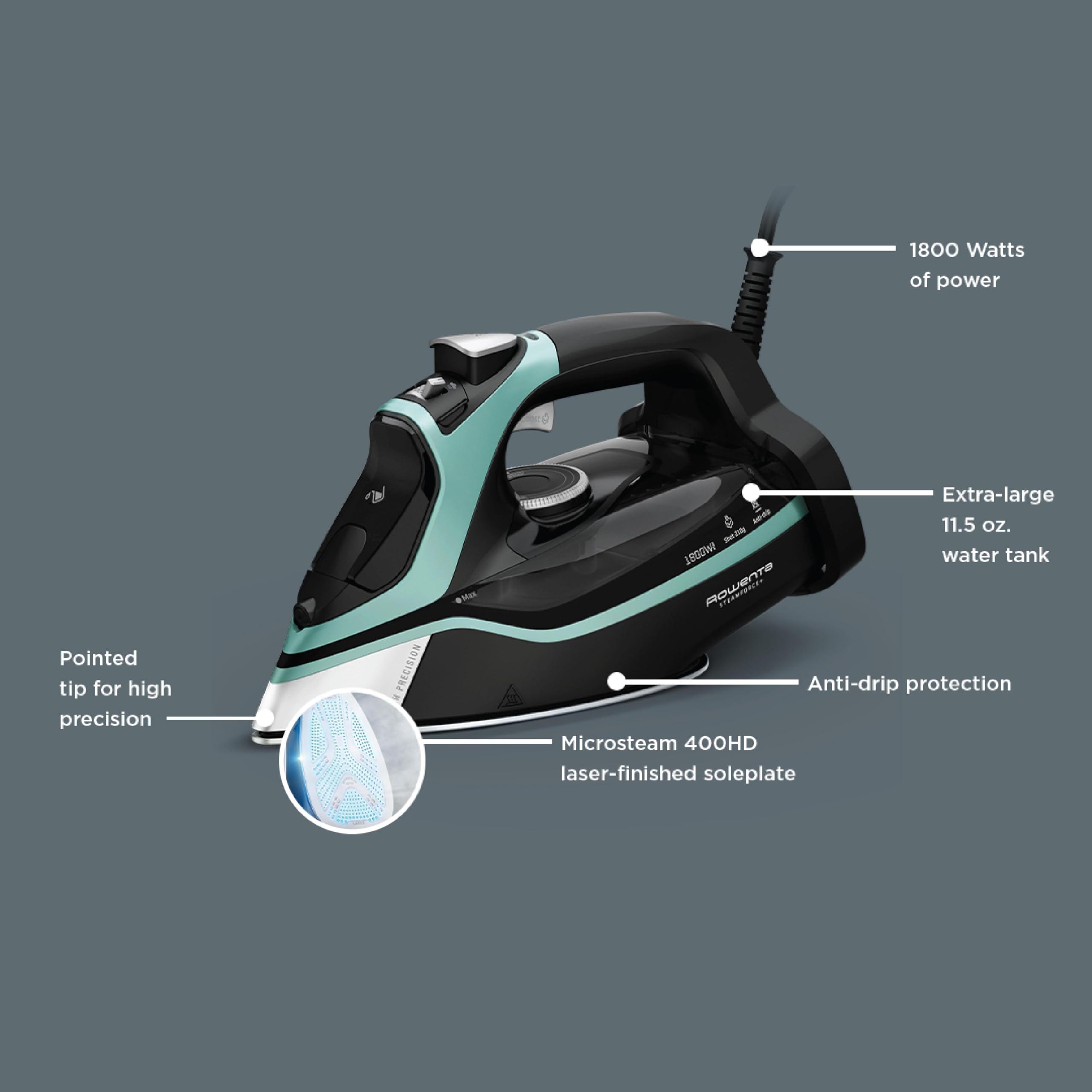 Rowenta Steam Force 1800W power in action for tough fabrics and stubborn creases.