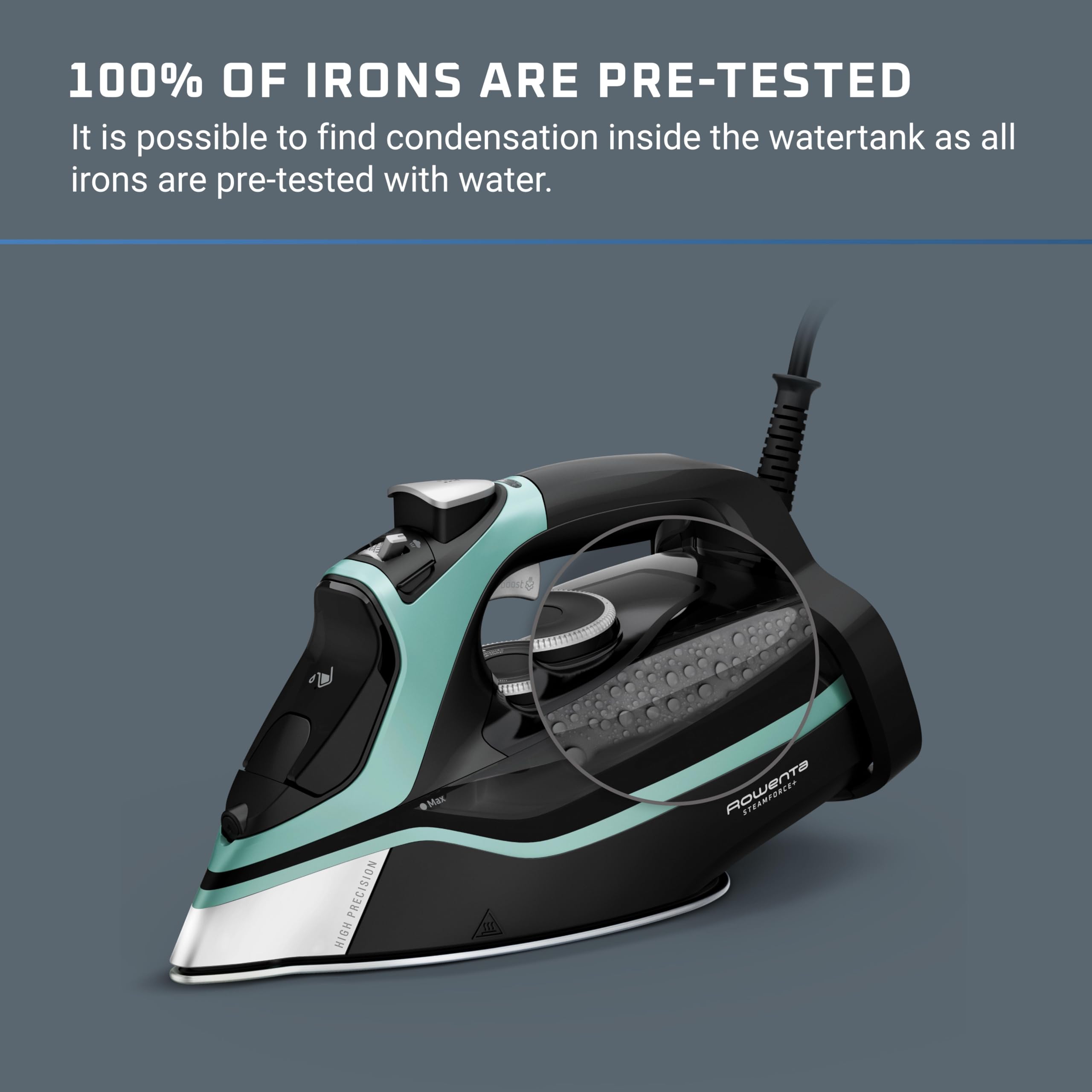 Rowenta Steam Force anti-drip protection preventing water stains during ironing.