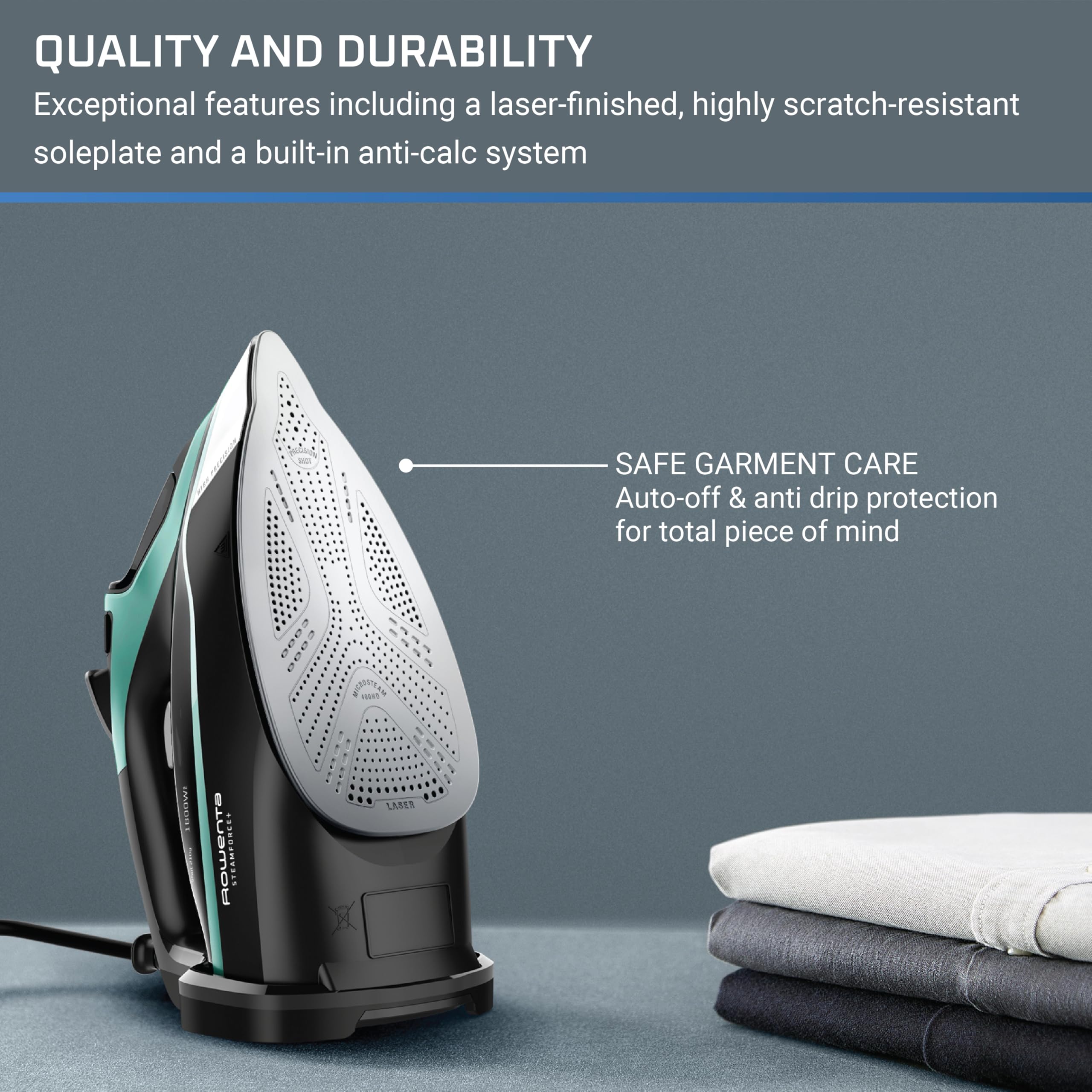 Rowenta Steam Force precision tip reaching seams and collars with accuracy.