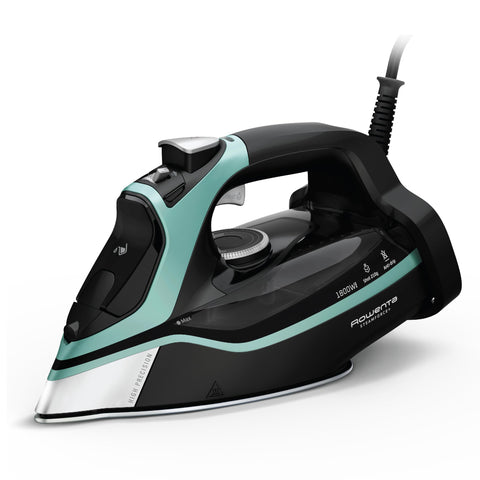 Rowenta Steam Force stainless steel soleplate close-up for smooth gliding and crease removal.