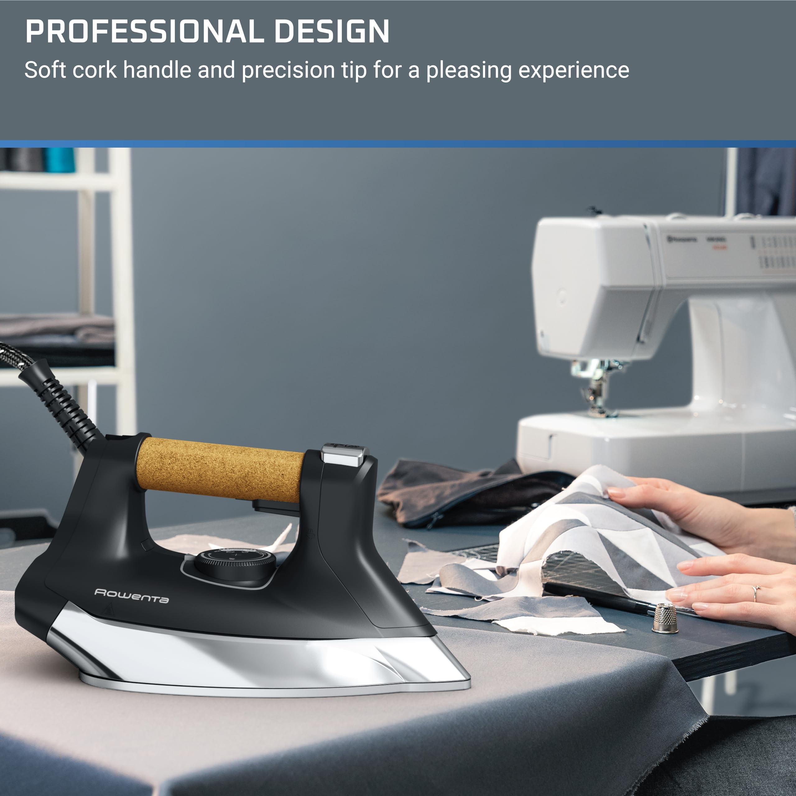 Rowenta Ultimate Steam Pro cork handle for comfortable grip during ironing