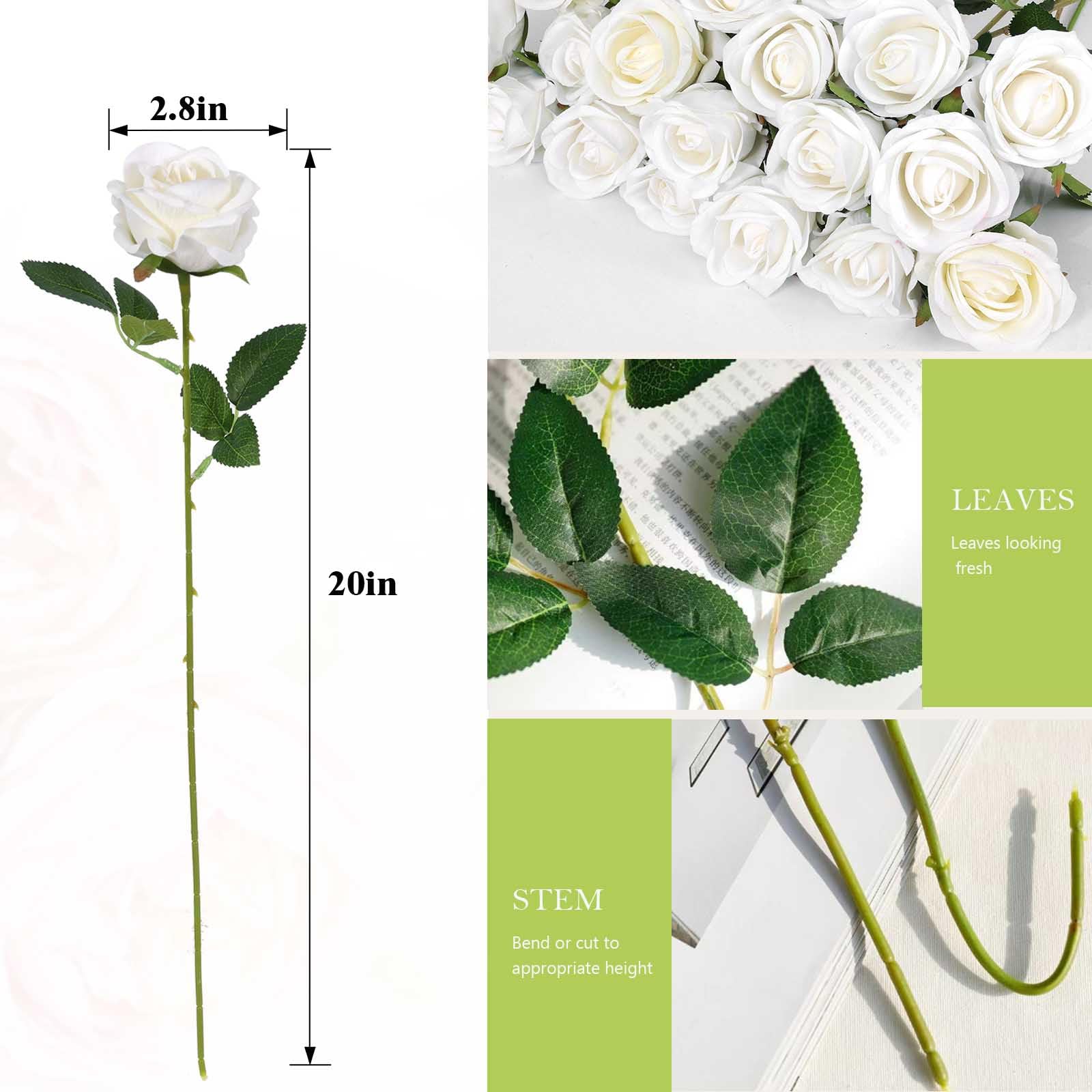 Rowfad artificial roses white long-stem for lifelike wedding centerpieces