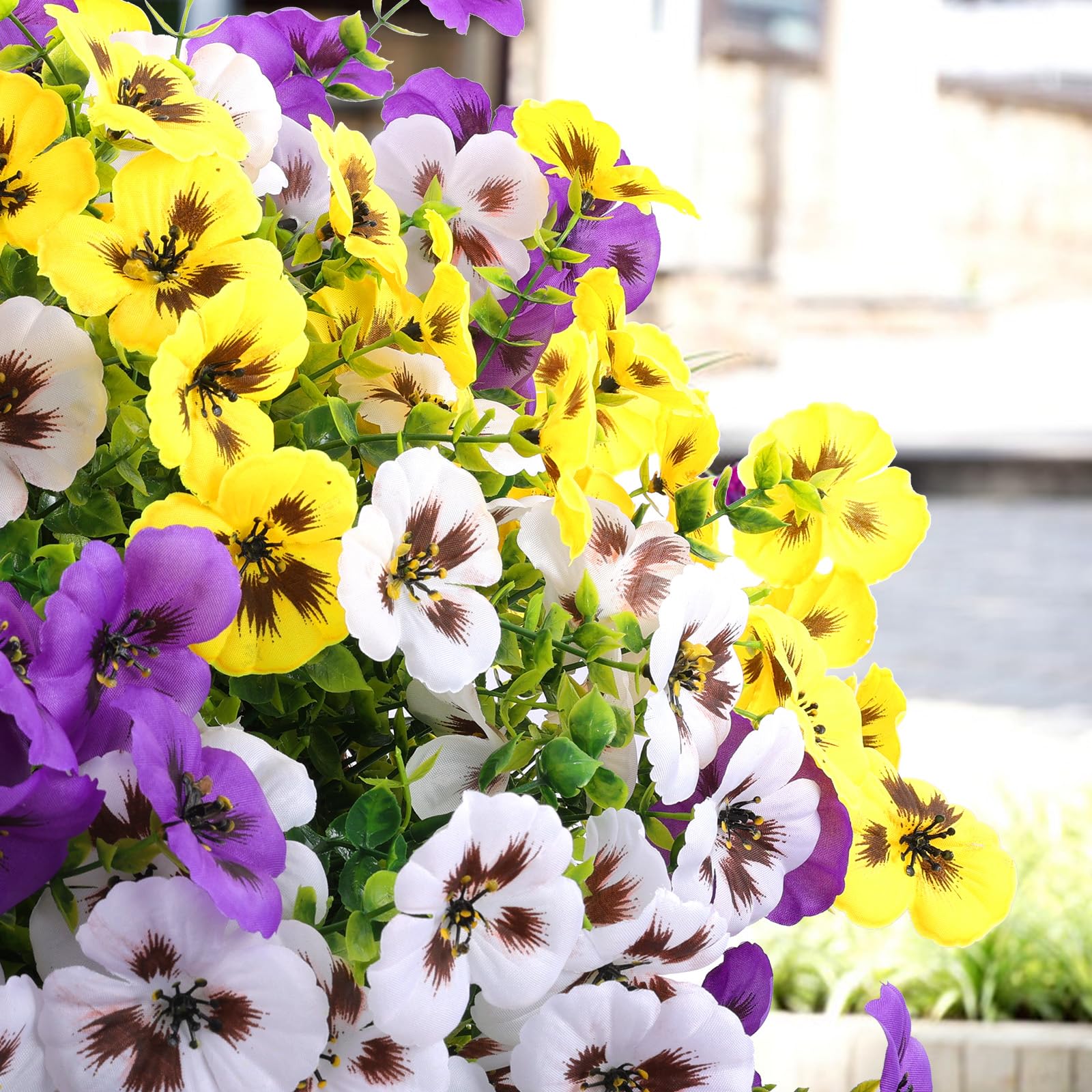 Rowfad multicolor pansies brighten a front porch with realistic texture and presence.