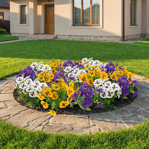 Rowfad pansies along a yard pathway add year-round color with minimal maintenance.