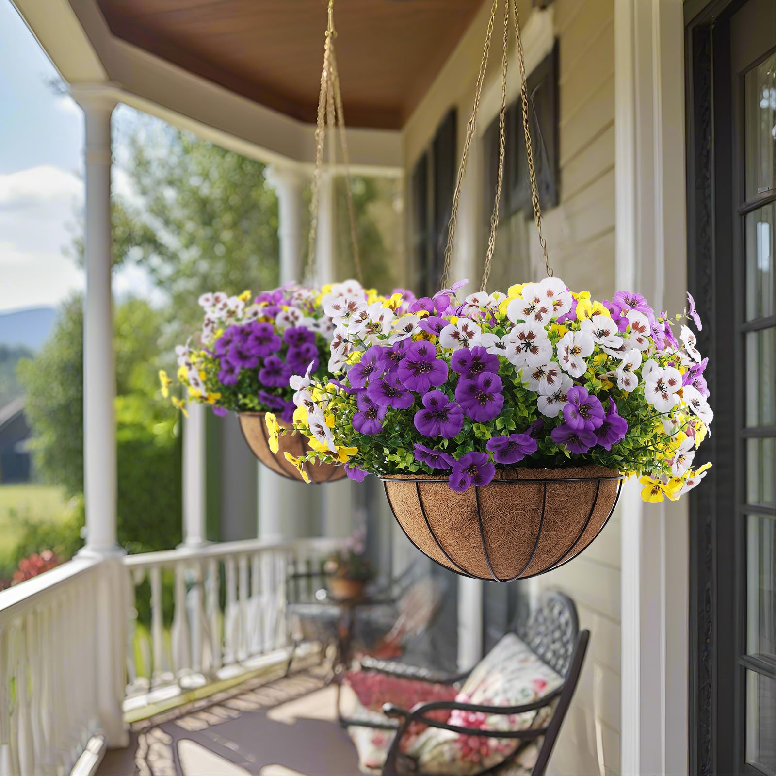 Rowfad artificial white pansies create fresh, inviting curb appeal.