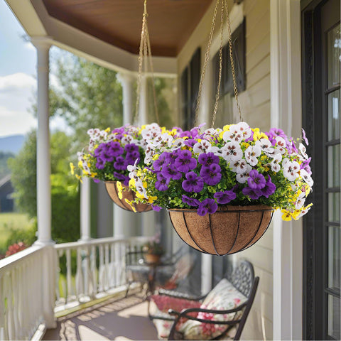 Rowfad artificial white pansies create fresh, inviting curb appeal.
