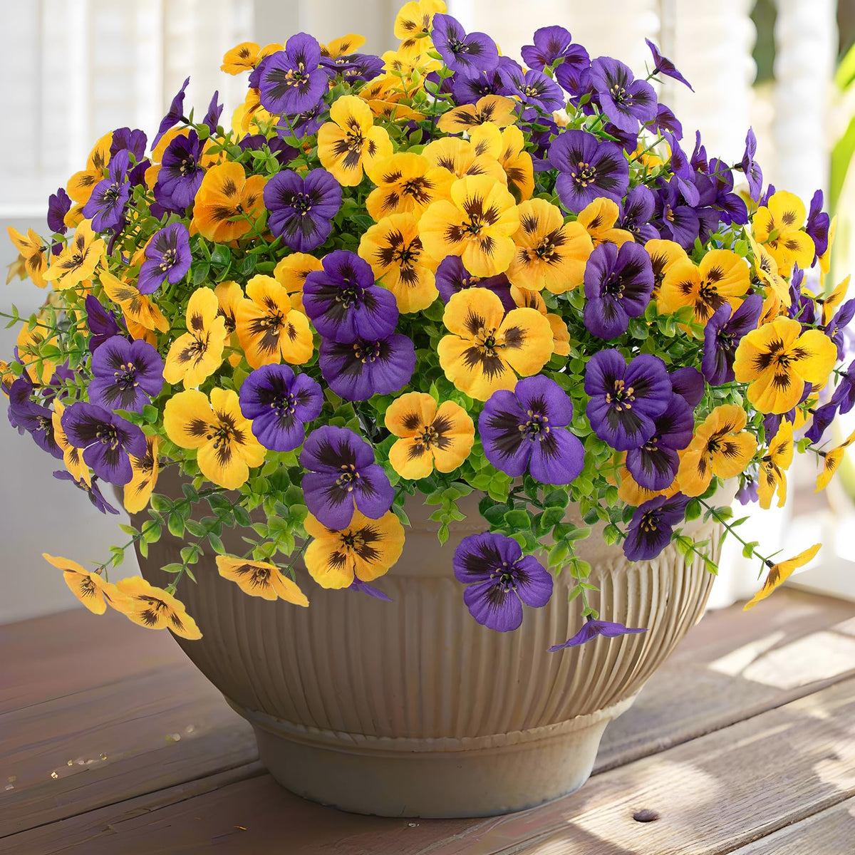 Rowfad 36-pack pansy flowers for outdoor decor with vibrant yellow and purple hues