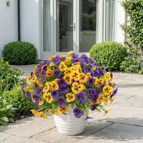 Rowfad outdoor pansies in purple, white, and yellow add color