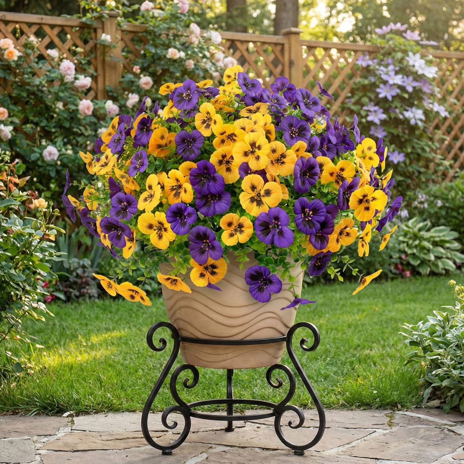 Rowfad UV-resistant silk pansies resist fading in sunny planters