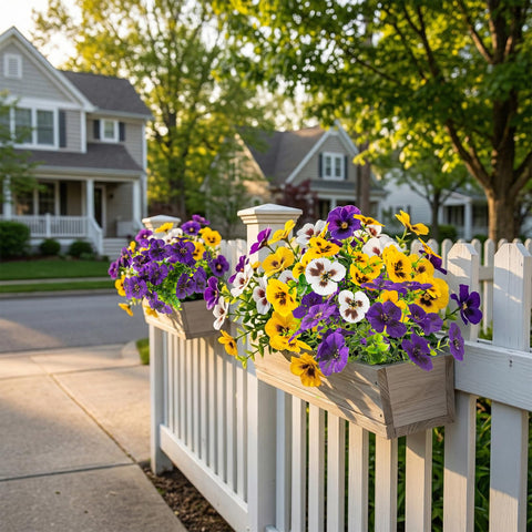 Rowfad window box pansies in purple, white, and yellow elevate outdoor decor.
