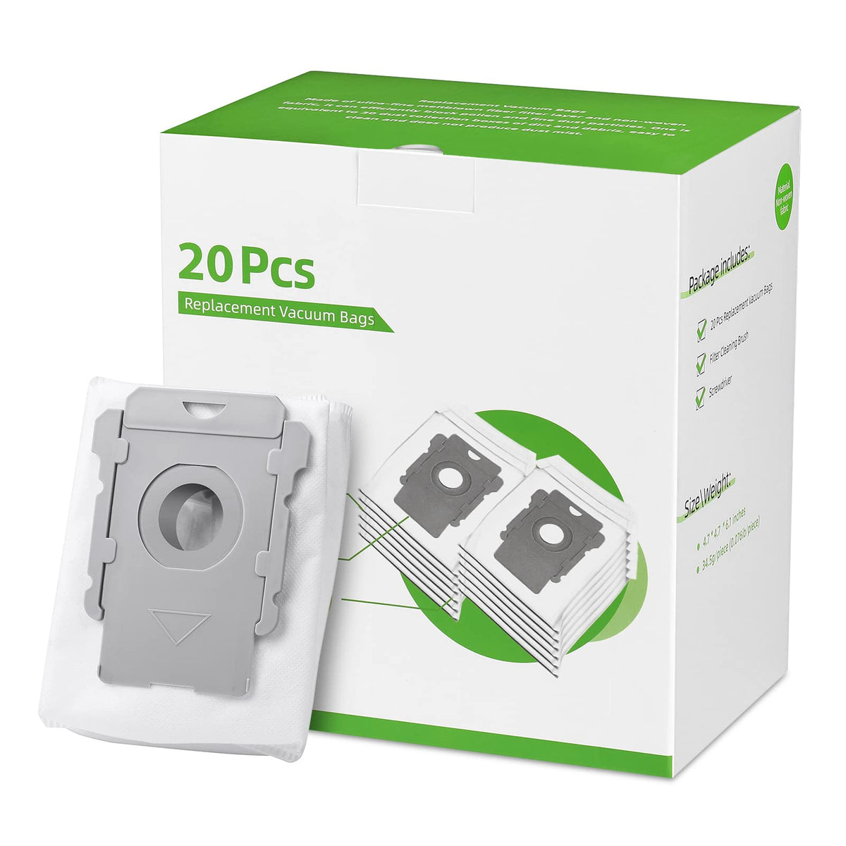 Rowhalf 20-pack vacuum bags for Roomba series with strong seals and high-efficiency filtration.