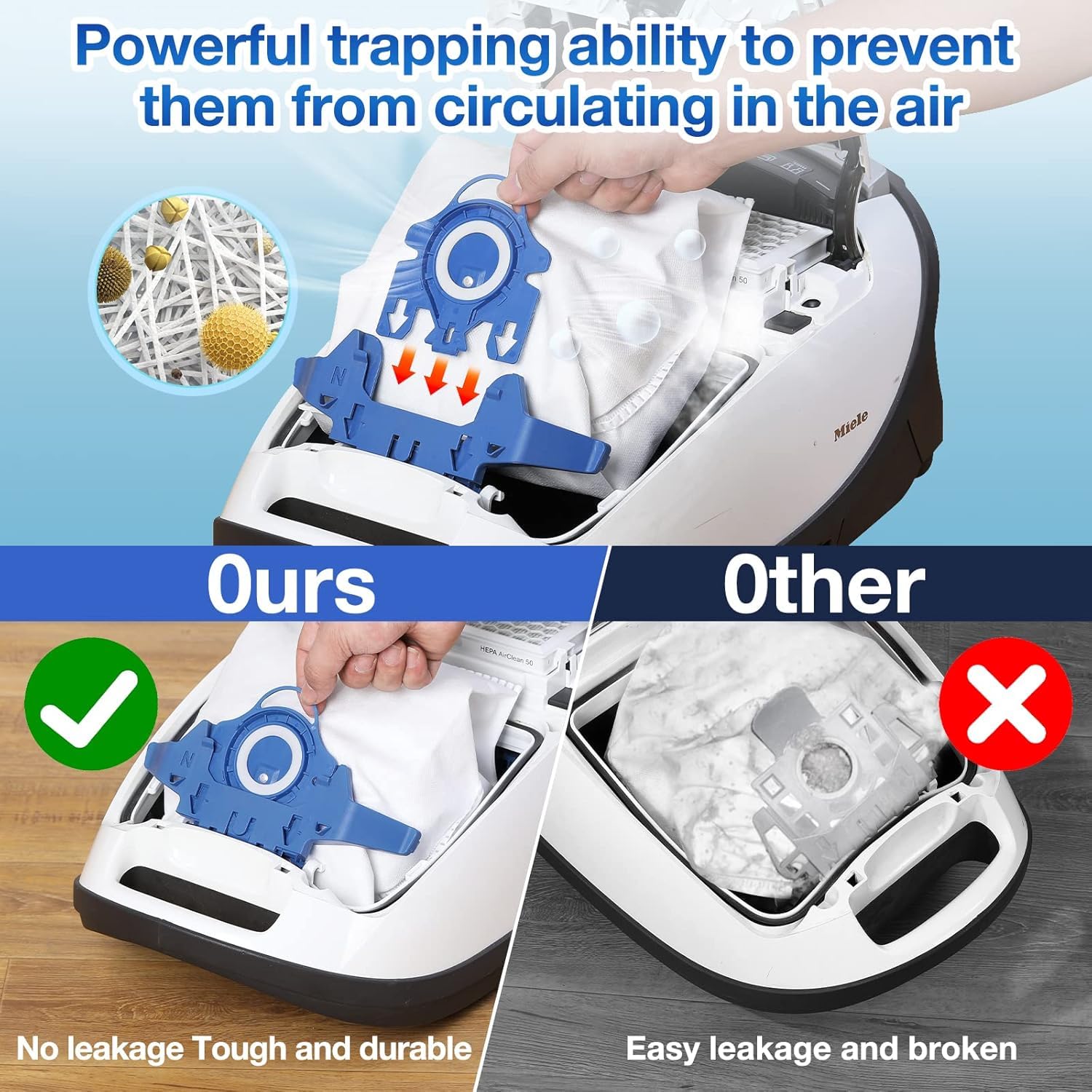 Rowhalf self-sealing ring keeps dust inside when removing a bag.