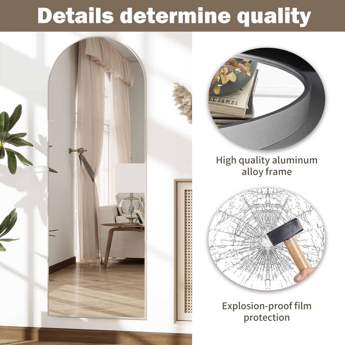 Rowjut arch mirror close-up frame in silver highlights quality details.