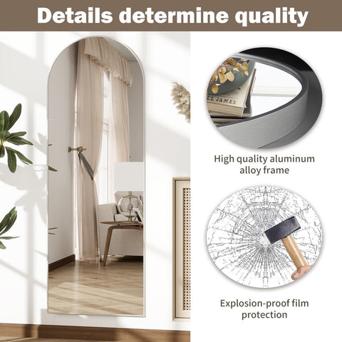 Rowjut arch mirror close-up frame in silver highlights quality details.