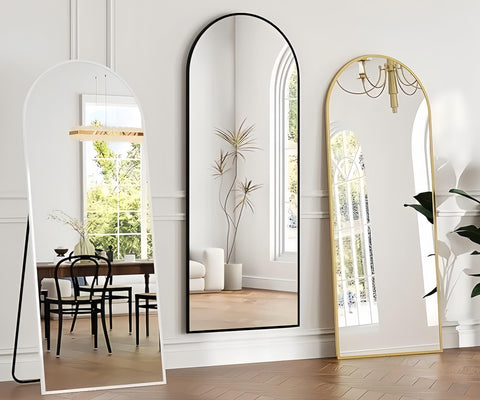 Rowjut full-length mirror living room ambience with reflective depth.