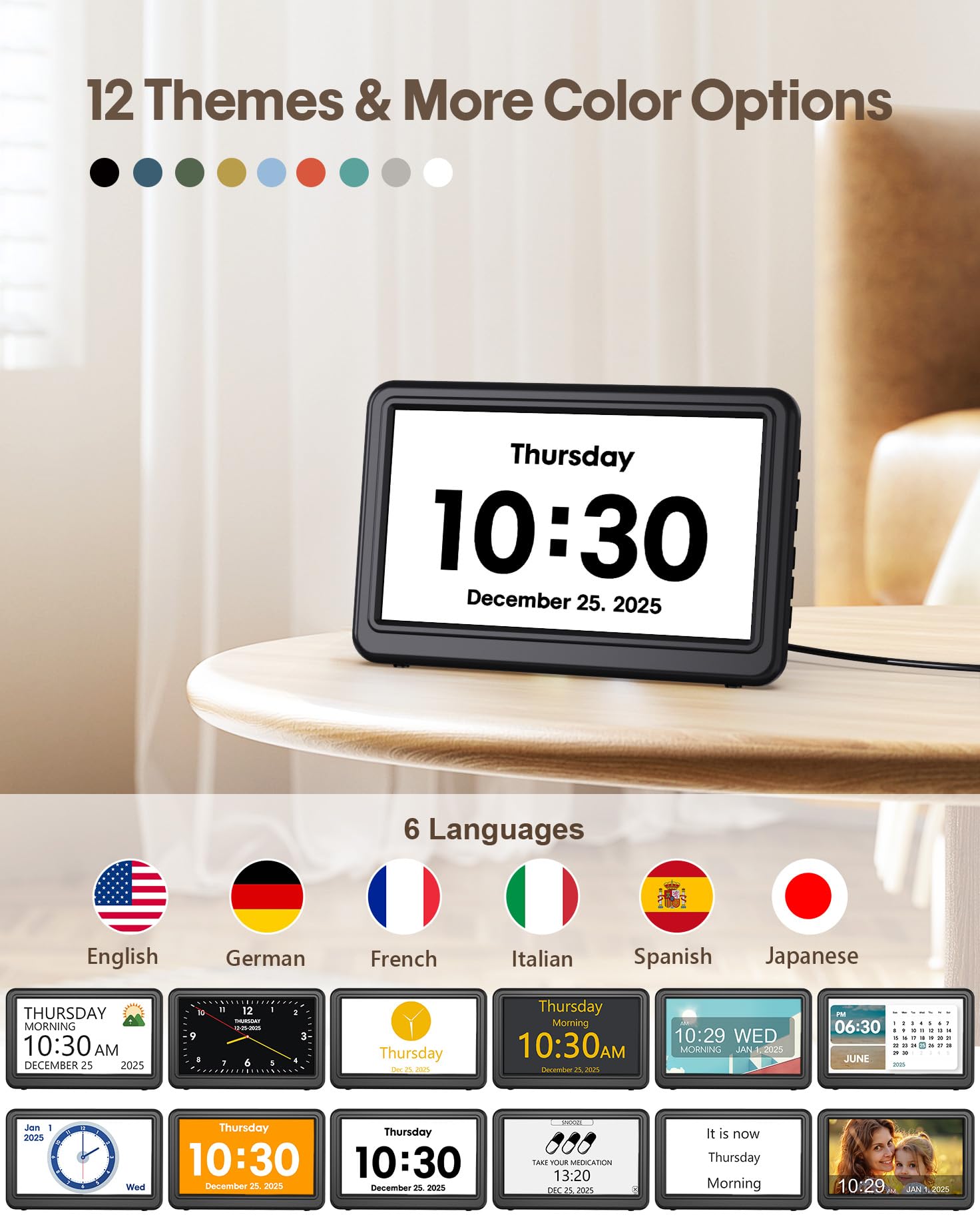Roxicosly clock showing multiple themes and colors to suit rooms.
