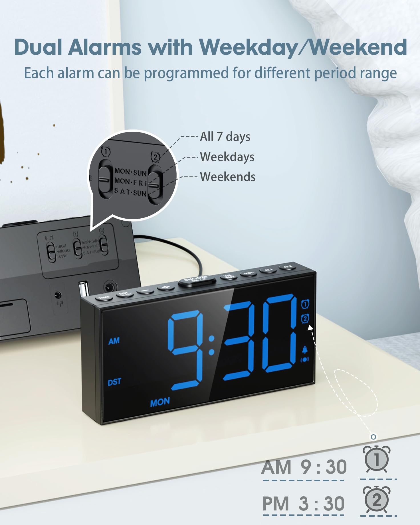 Roxicosly dual alarms for weekday and weekend schedules