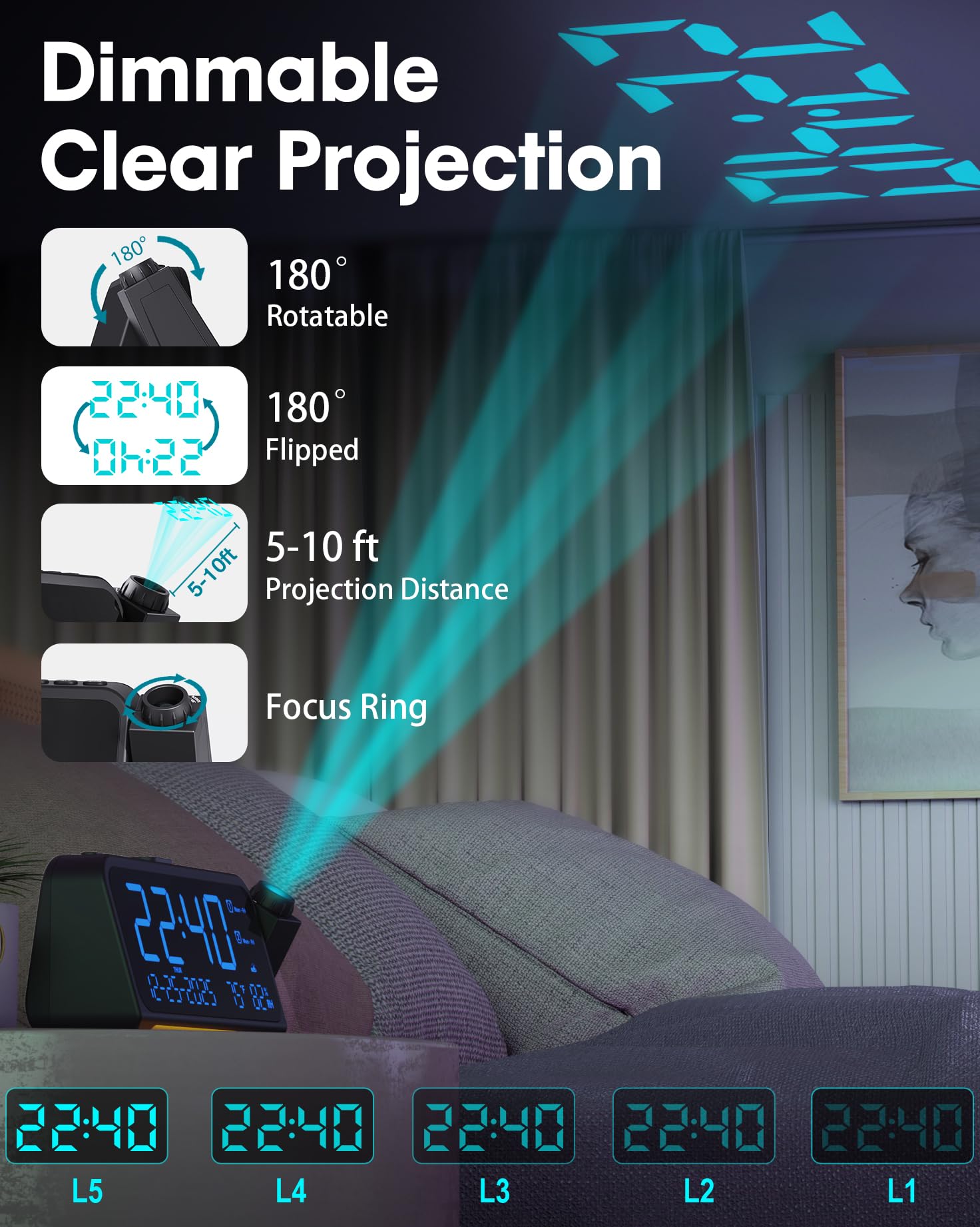 Roxicosly projection alarm clock with a 6.7 inch display for quick time reading.