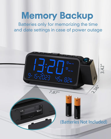 Roxicosly projection alarm clock with battery backup to preserve settings.