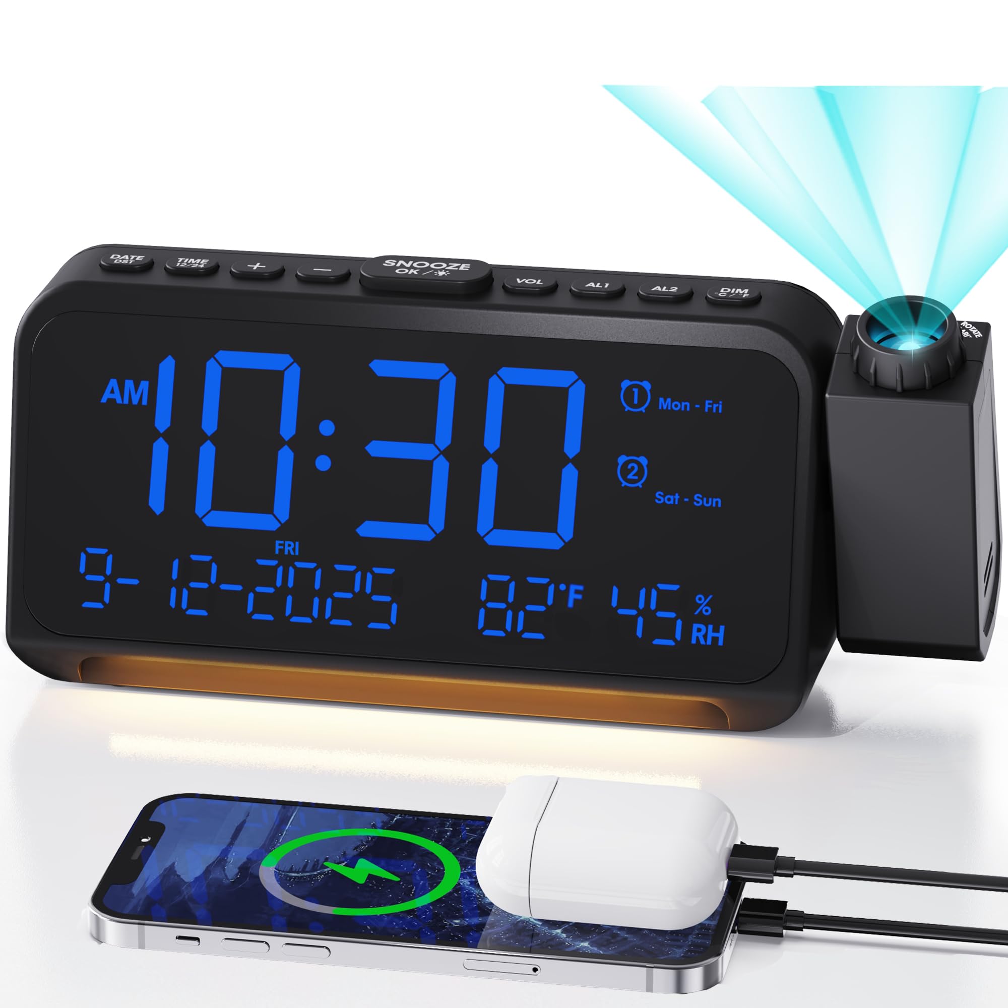 Roxicosly projection alarm clock showing ceiling time projection for easy viewing.