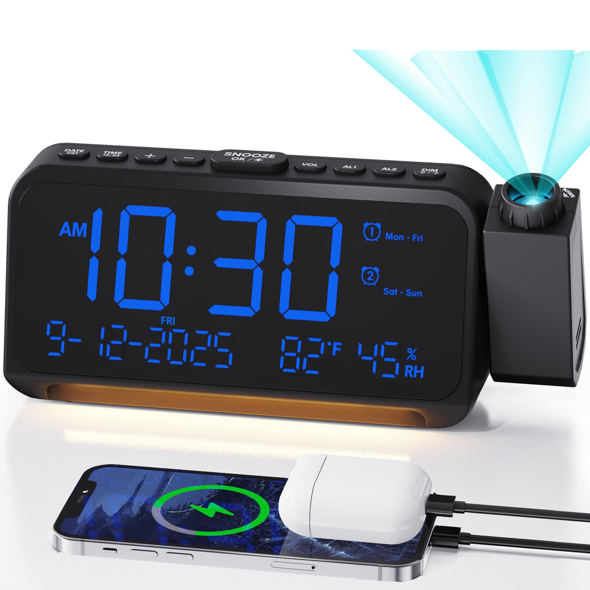Roxicosly projection alarm clock showing ceiling time projection for easy viewing.
