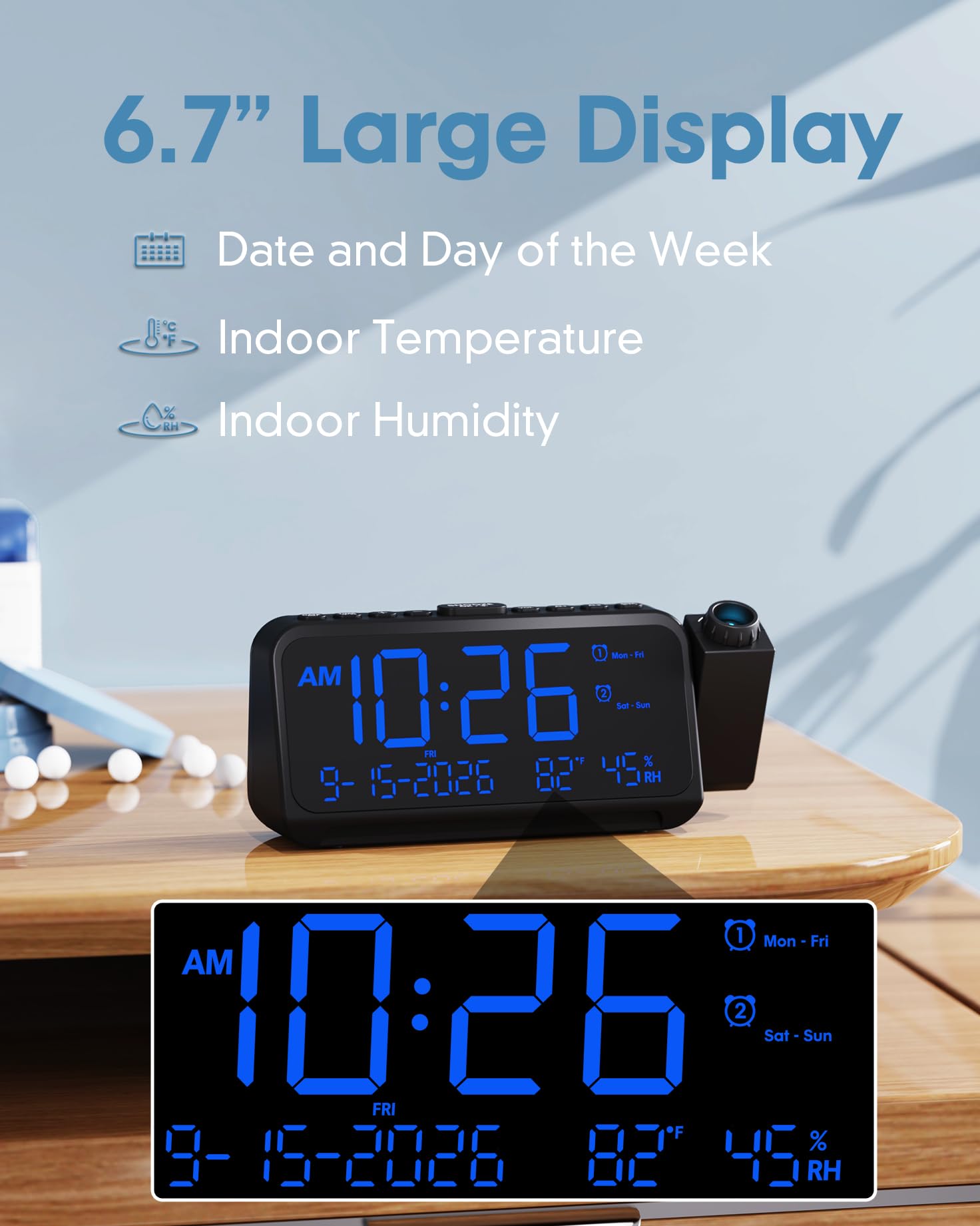 Roxicosly projection alarm clock offers dual alarms for personalized wake-ups.