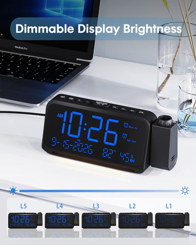 Roxicosly projection alarm clock shows indoor temperature and humidity for comfort.