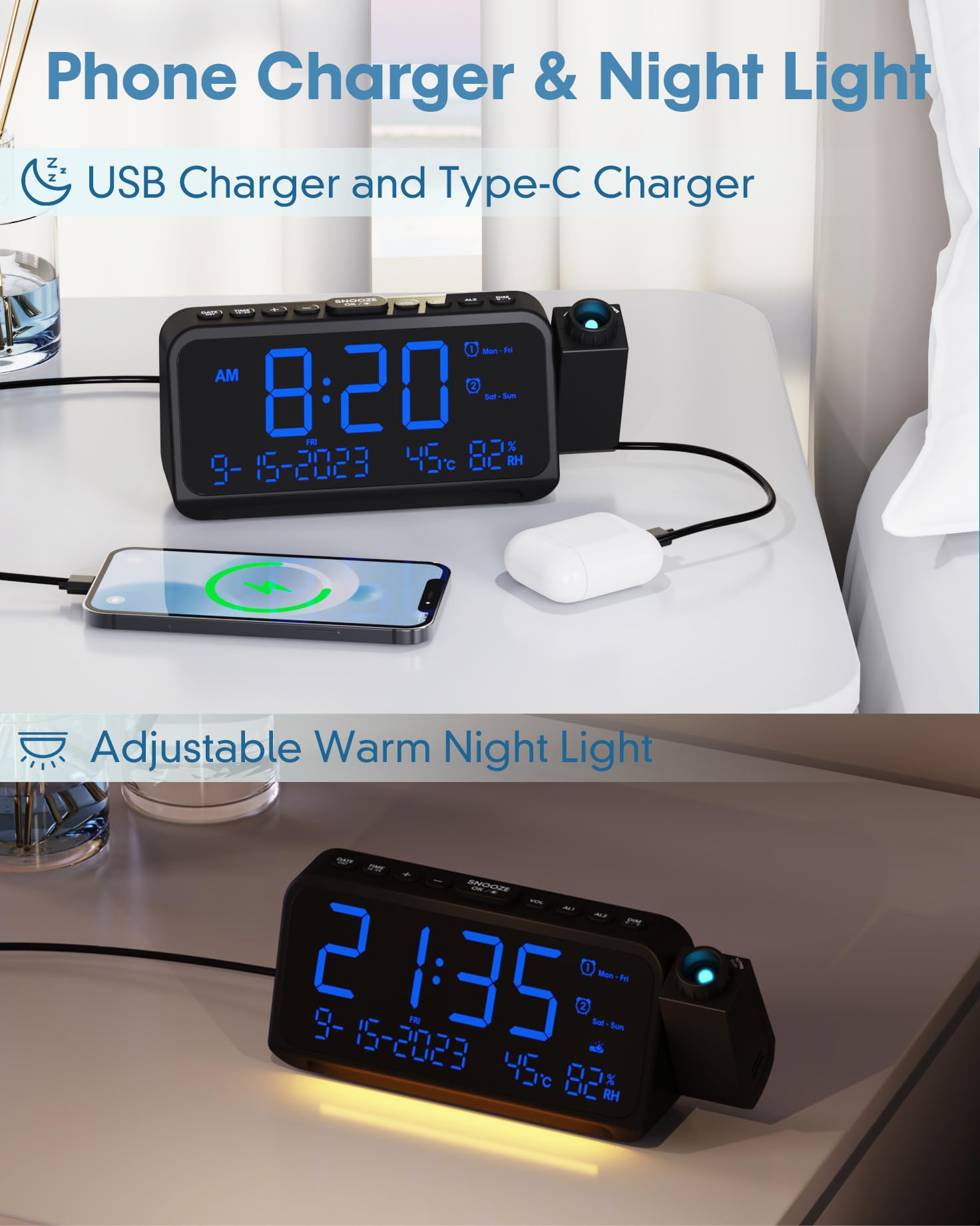 Roxicosly projection alarm clock includes a soft, dimmable night light.