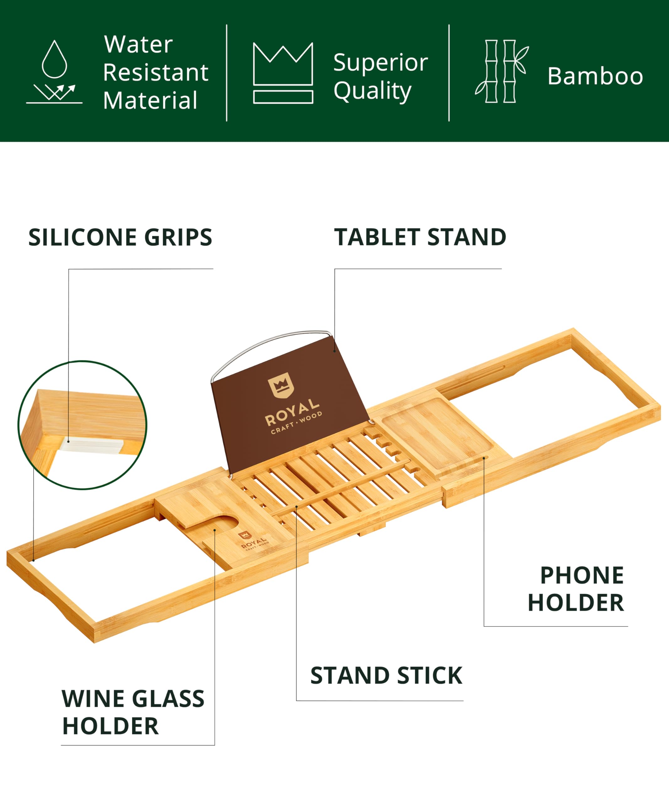 ROYAL CRAFT WOOD bamboo bath tray with non-slip grips keeps items secure.