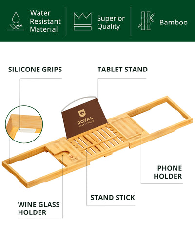 ROYAL CRAFT WOOD bamboo bath tray with non-slip grips keeps items secure.