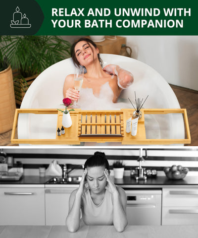ROYAL CRAFT WOOD tray includes wine glass slot for relaxing baths.