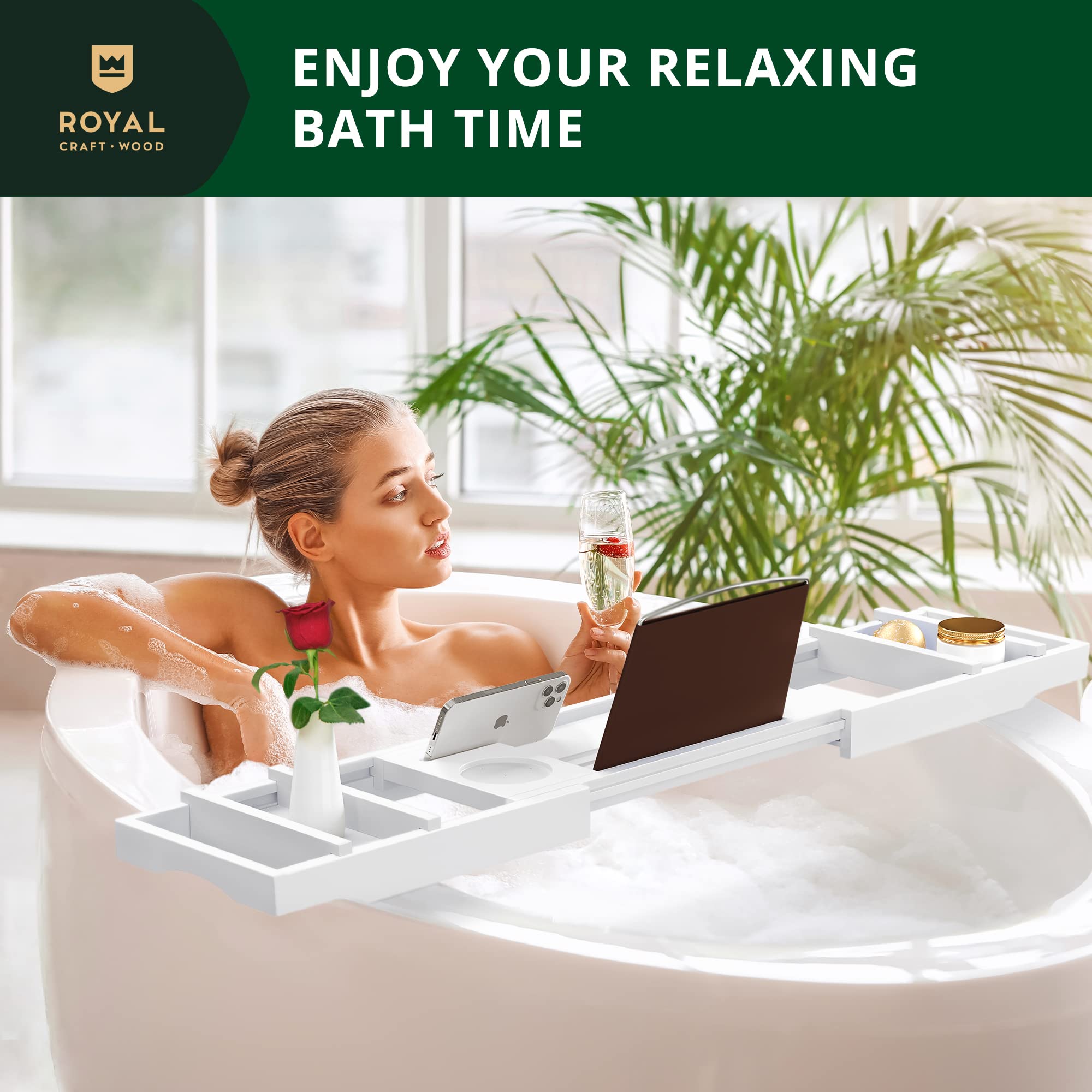 Tray holds candles and a glass of wine on the ROYAL CRAFT WOOD bathtray.
